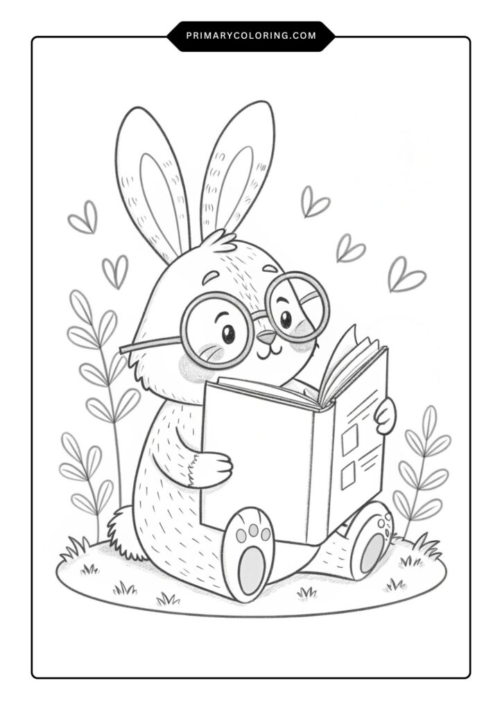 Bunny wearing glasses reading a book